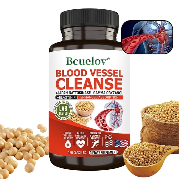 Bcuelov Blood Vessel Cleanse Capsules, Nattokinase, Gamma Oryzanol, Elastin F, Circulation Support, 120 Count, 2-Month Supply