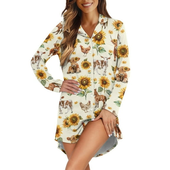 Yuyamidu Highland Cow Womens Nightgowns Sleepwear Chicken Pajama Dress Nightshirts Sunflower Long Sleeves Night Shirts Casual Button Down Sleep Dress for Women Size L