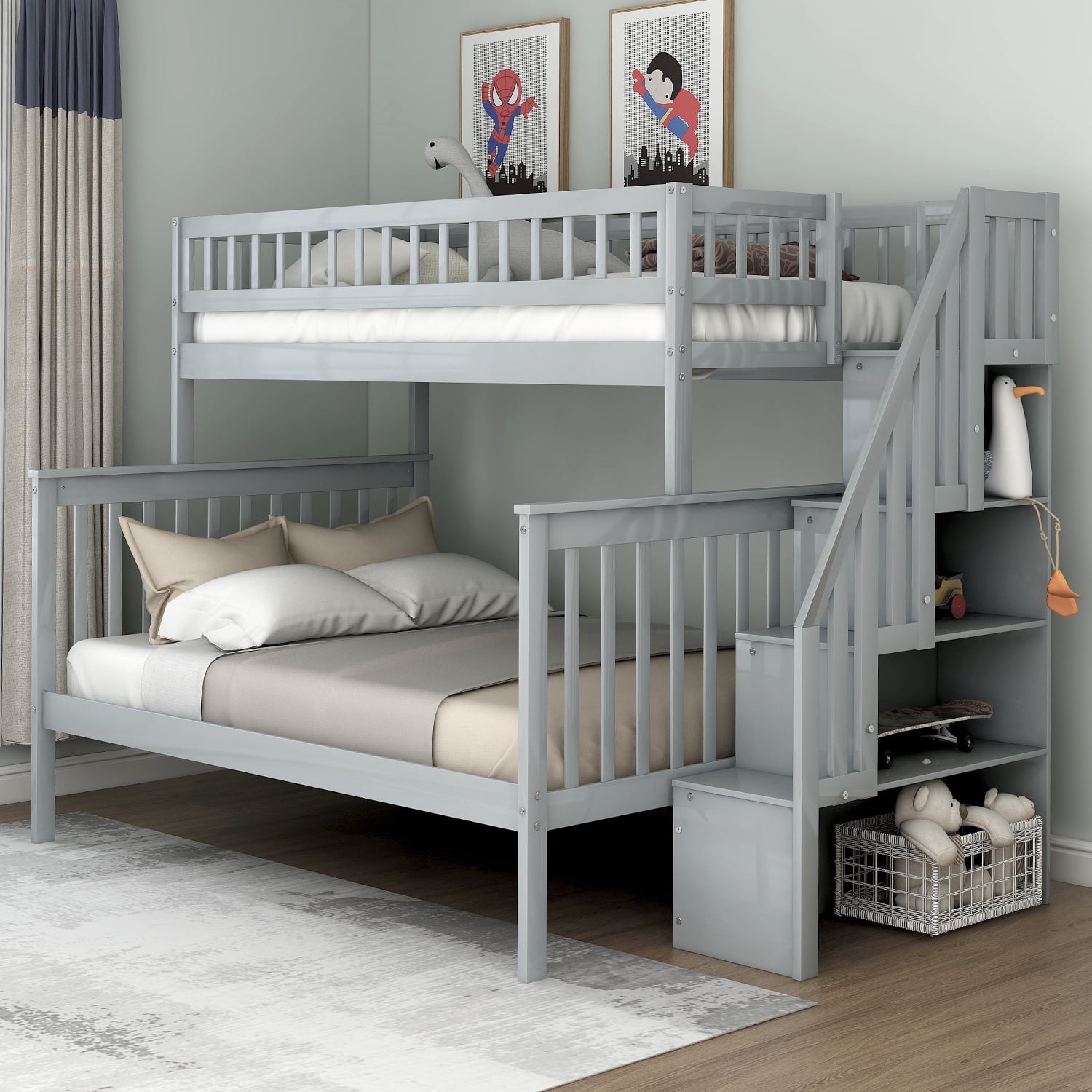 Harperandbright Designs Twin Over Full Wood Bunk Bed With Stairs For Kids