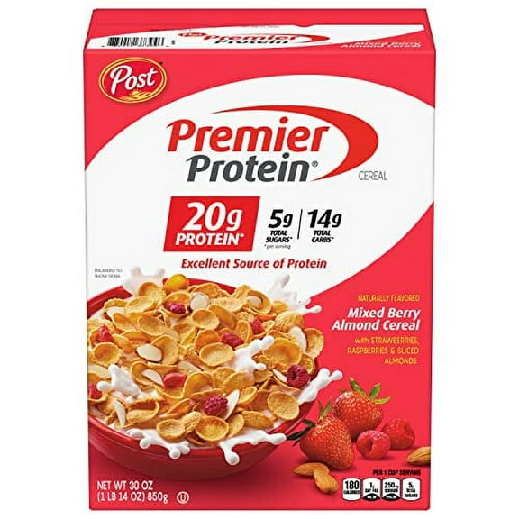 Post Premier Protein Mixed Berry Almond cereal, high protein cereal, protein rich breakfast or snack made with real berries and almonds, 30 Ounce - 1 Count