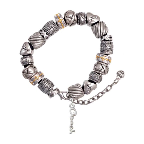 Silvertone Small Coach Script Silver Tone Christian Bead Bracelet