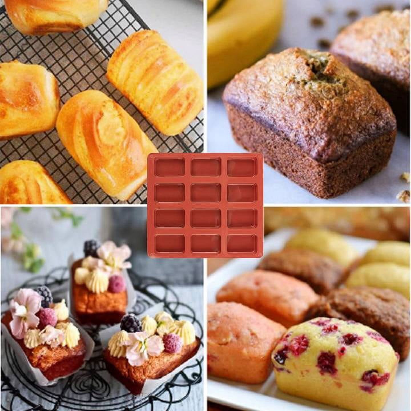 Silicone Mini Loaf Pan - [4PCS] 12 Cavity Mini Bread Pan Brownie Pan, Nonstick Silicone Molds for Brownie, Cornbread, Cheesecake or Cupcake