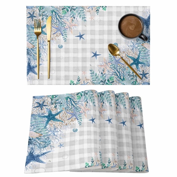 Blue Coastal Placemats Set of 6 Summer Beach Nautical Coral Starfish Plaid Place Mats Indoor Wipeable Table Mats Washable Cloth Dining Table Placemats for Kitchen Holiday Party Home Decor 13x19 Inch