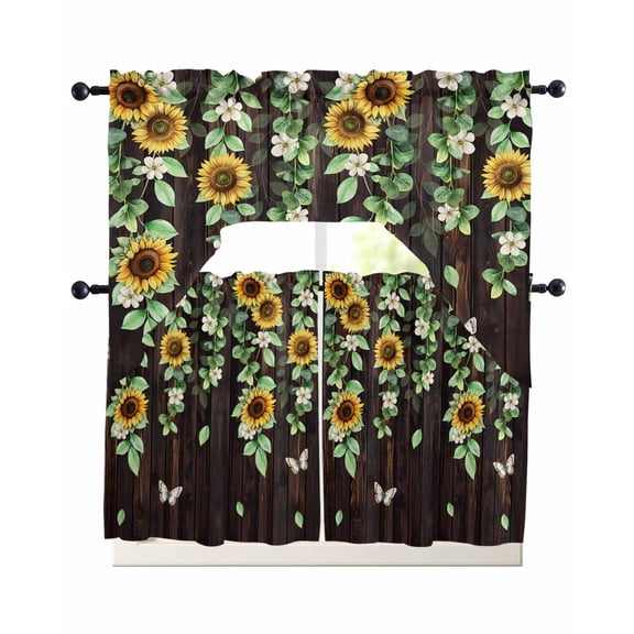 Sunflower Swag Curtains for Living Room/Bedroom Windows, Butterfly Flowers Green Leaf Brown Wood Grain Kitchen Curtains and Valances Set 36 Inch Length, Light Filtering Swags Valance Curtain Panels