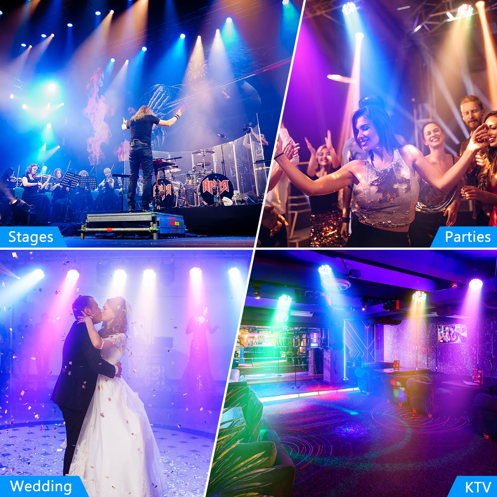 4-Pack 36-LED RGB Stage Lights - DMX & Remote Control Party Lighting for Wedding, Club & Events (4/7CH, Corded)