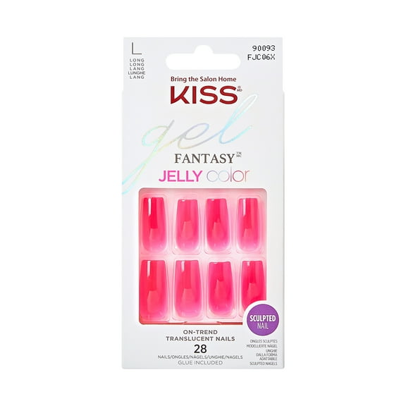 KISS Gel Fantasy Long Square Solid Color Glue-On Jelly Nails, Neon Pink, 28 pieces