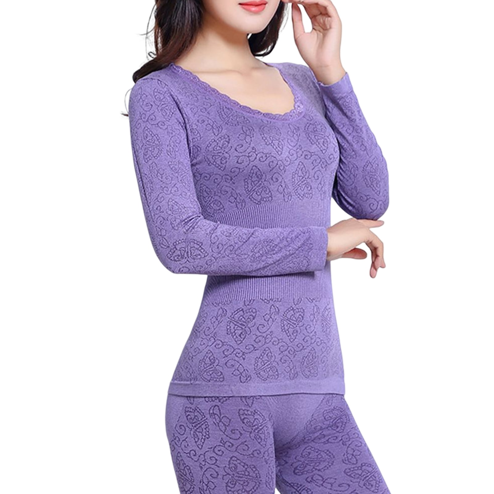 YWDJ Womens Thermal Underwear Sets Tight Round Neck Wool Thermal Underwear  Pure And Trousers Two-piece Set Purple L 