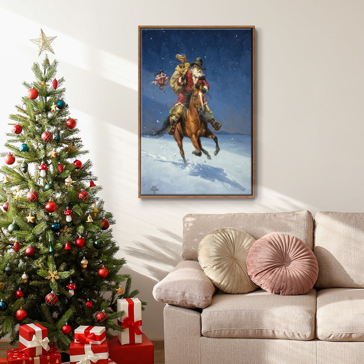 Midnight Rider - Framed Gallery Wrapped Holiday Canvas - 25 x 37 - Rosewood Frame
