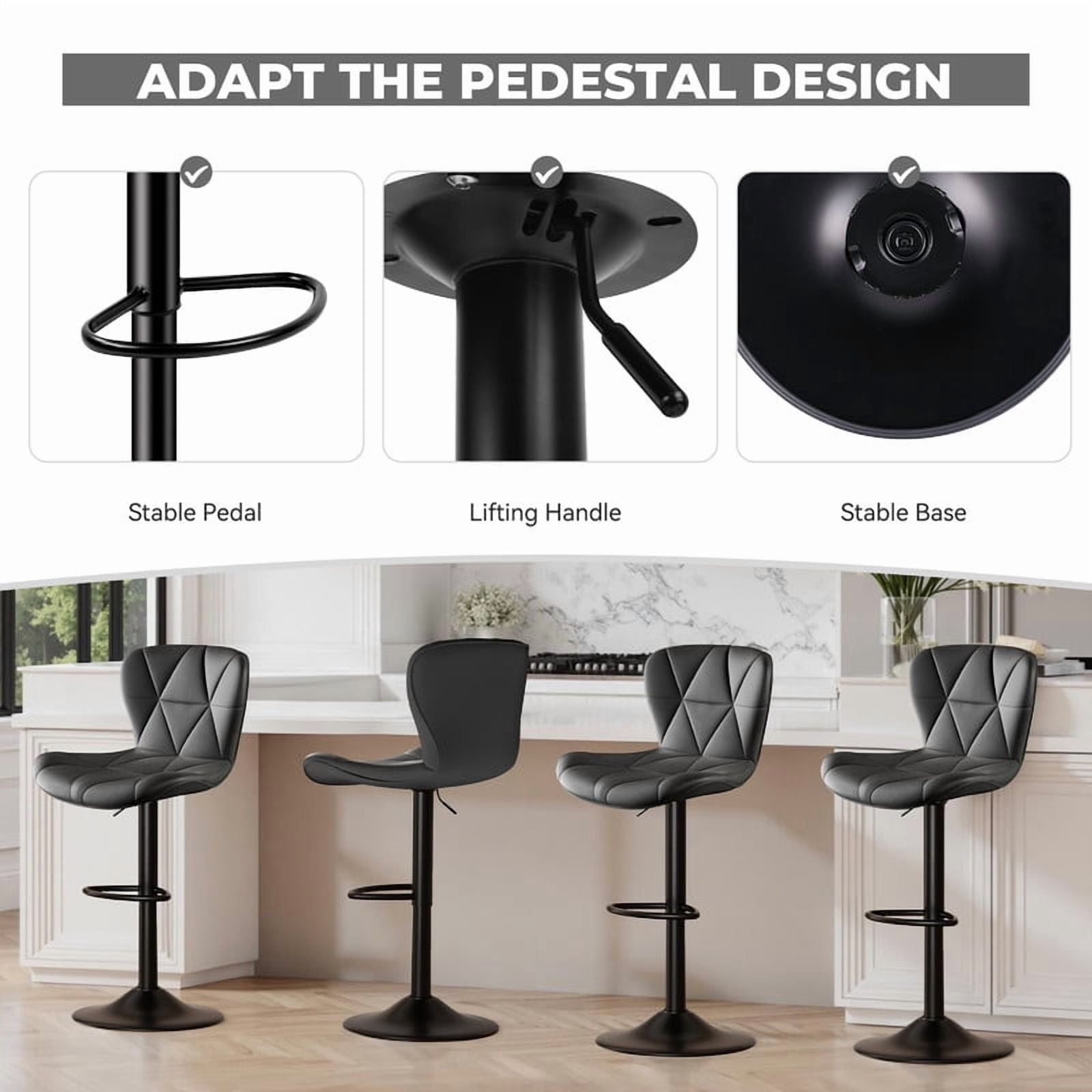 Daluvenix Modern Bar Stools Set of 2, Adjustable Swivel Counter Height Bar Chairs with Back, Faux Leather Upholstered for Kitchen Island, Black