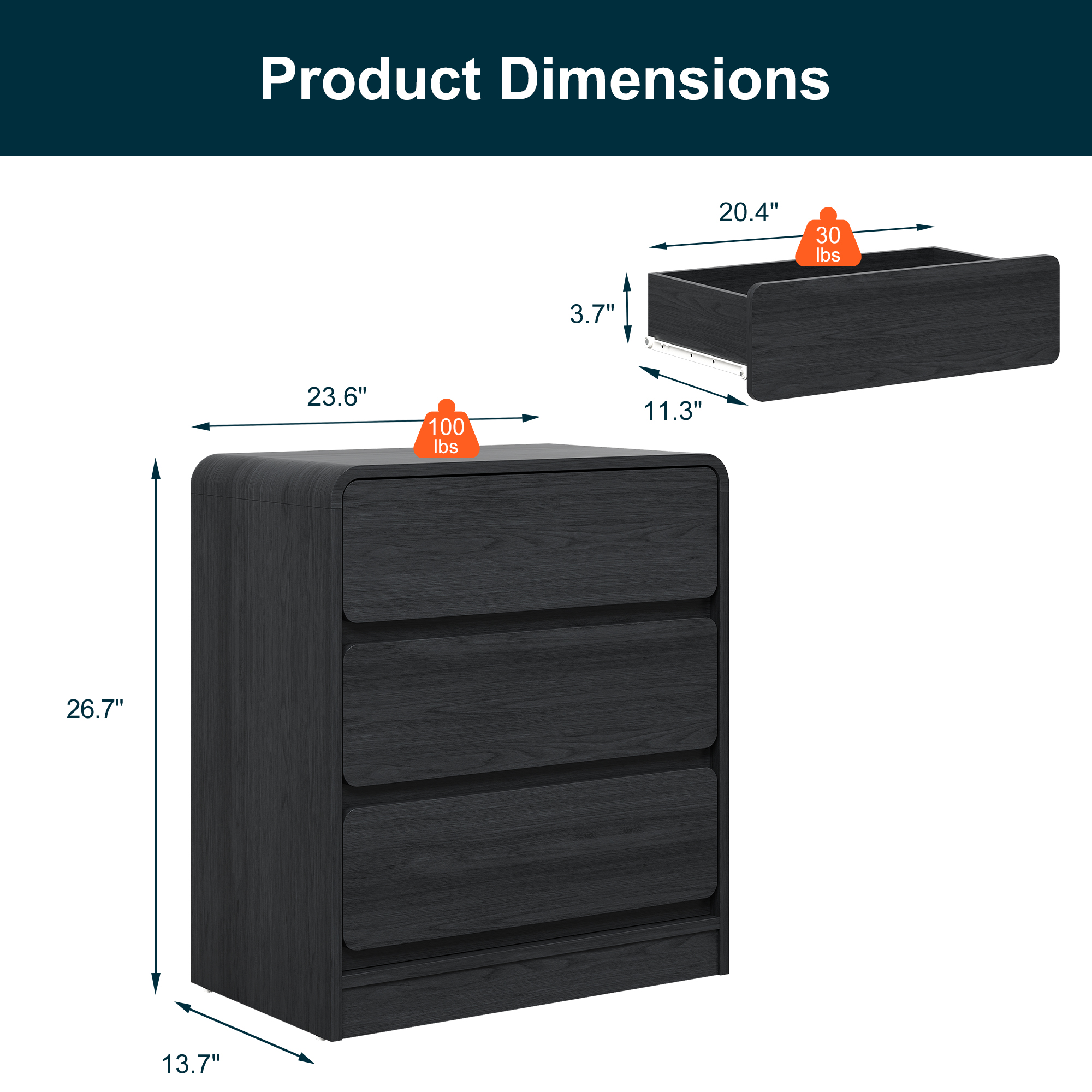 Heynemo Modern 3-Drawer Storage Dresser for Home and Office, Black
