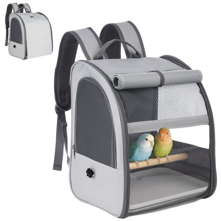 Bird Carrier, Bird Travel Cage Bird Backpack Breathable Mesh Portable Small Bird Carrier for Parakeet Parrot Cockatiel with Standing Perch, Grey