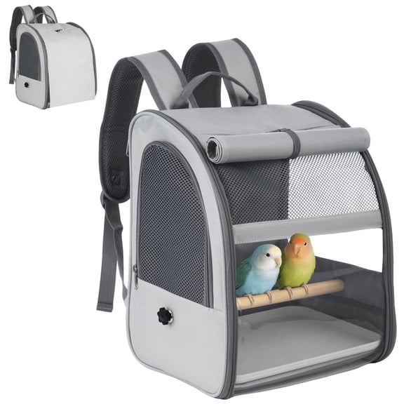 Bird Carrier, Bird Travel Cage Bird Backpack Breathable Mesh Portable Small Bird Carrier for Parakeet Parrot Cockatiel with Standing Perch, Grey