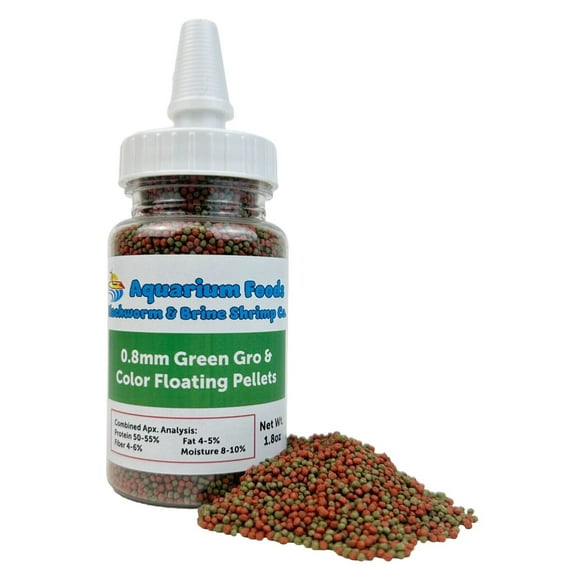 0.8mm 1/32" Intense Color Enhancing & Spirulina Green Gro Floating Pellets for Guppies, Tetras, Bettas, Nano Fish, Baby Fish - 1.8oz Squeeze Bottle