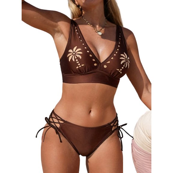 Womens Solid Color Hollow Out Two Piece Bikini Swimsuit Swimwear for Beach Pool and Vacation Brown S