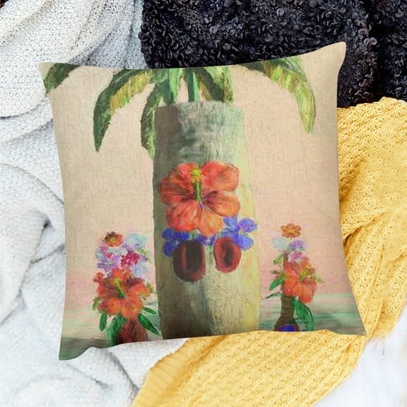 Creowell Tropical Tiki Decorative Throw Pillow, Hawaiian Palm Trees and Hibiscus Design, Colorful Island Theme 18x18in