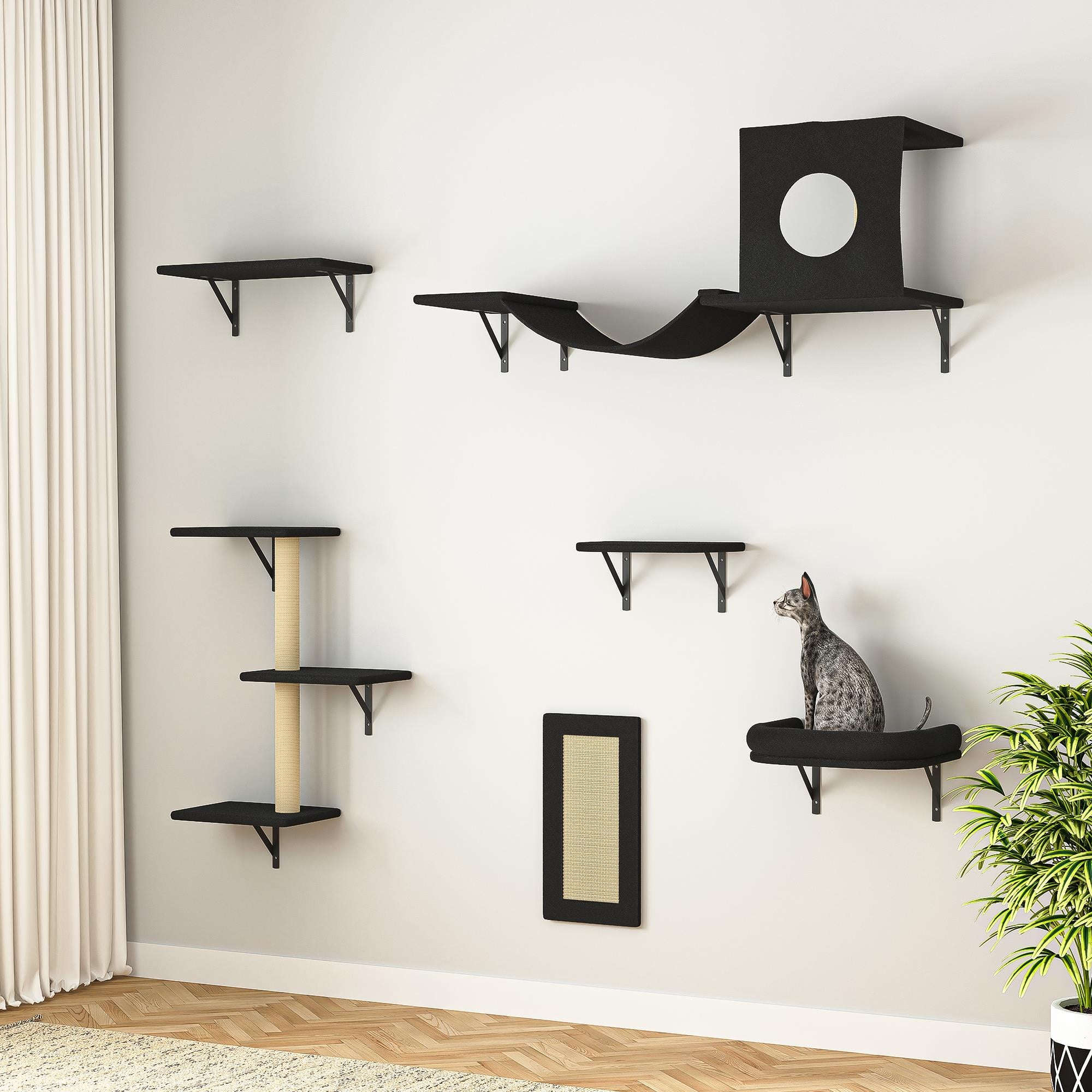 Pefilos Cat Wall Shelves and Perches Set of 6 with Cat Perch, Indoor Cat Condo for Sleeping Playing Lounging Climbing Cat Tree House, Black Pefilos Cat Wall Shelves and Perches Set of 6 with Cat Perch, Indoor Cat Condo for Sleeping Playing Lounging Climbing Cat Tree House, Black