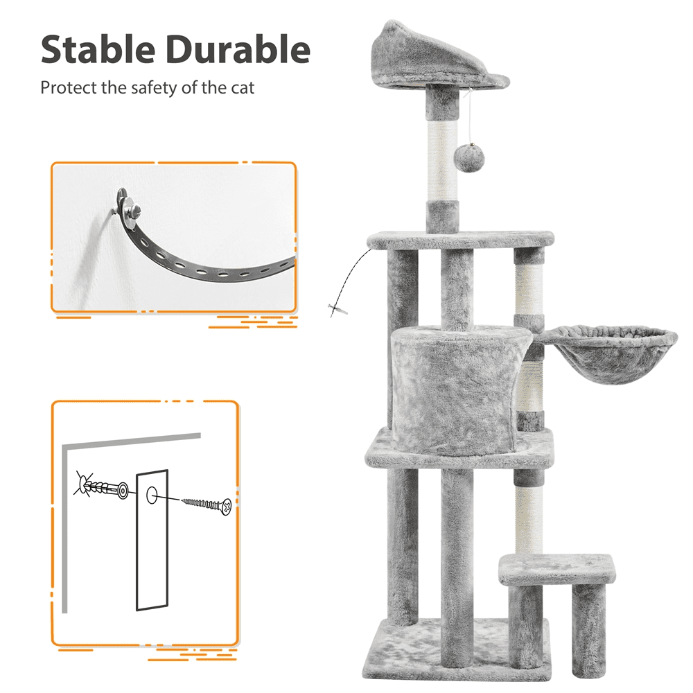 Alden Design 57″ Tall Multi Level Cat Tree with Basket & Condo & Scratching Post, Light Gray