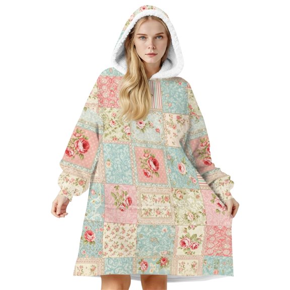 Wearable Lamb Fleece Blanket Hoodie,Pioneer Flower Floral Print Pattern Oversized Sherpa Blanket Hoodie with Super Pockets,Super Warm Fuzzy Pullover for Women & Men