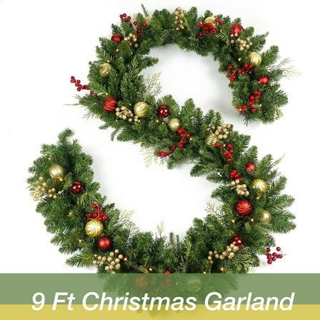 Beautynvta Christmas Garland with Lights, 8.86 Ft Pre-Lit Artificial Pine Needles Garland with Glitter Berries and Balls, 50 Warm White LED Lights, Battery Operate