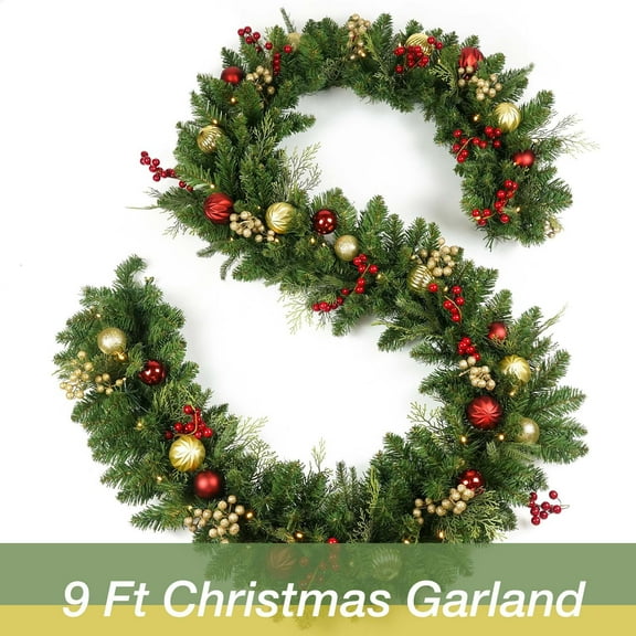 Beautynvta Christmas Garland with Lights, 8.86 Ft Pre-Lit Artificial Pine Needles Garland with Glitter Berries and Balls, 50 Warm White LED Lights, Battery Operate