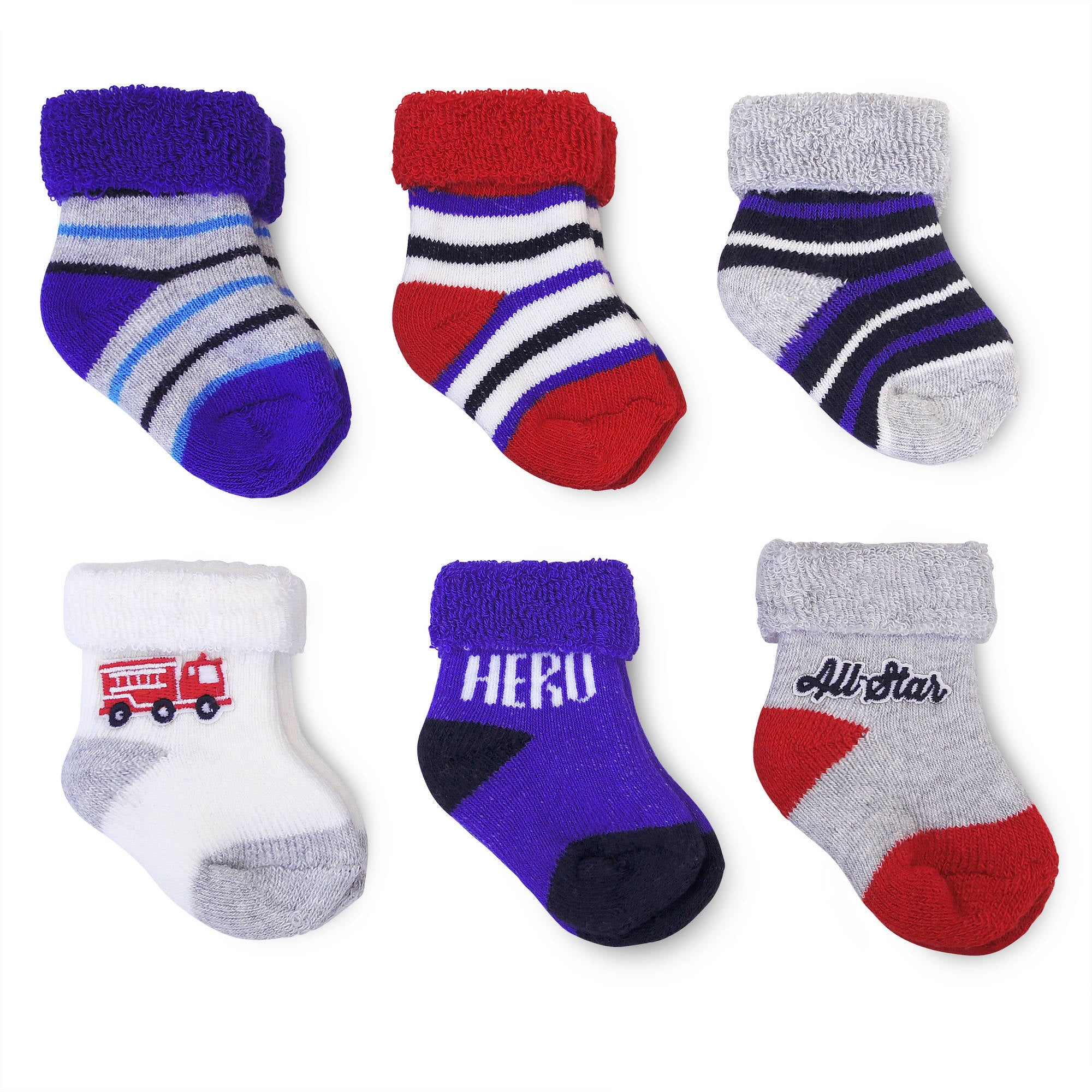 Newborn Baby Boys 6 Pack Hero Terry Roll Socks, NB