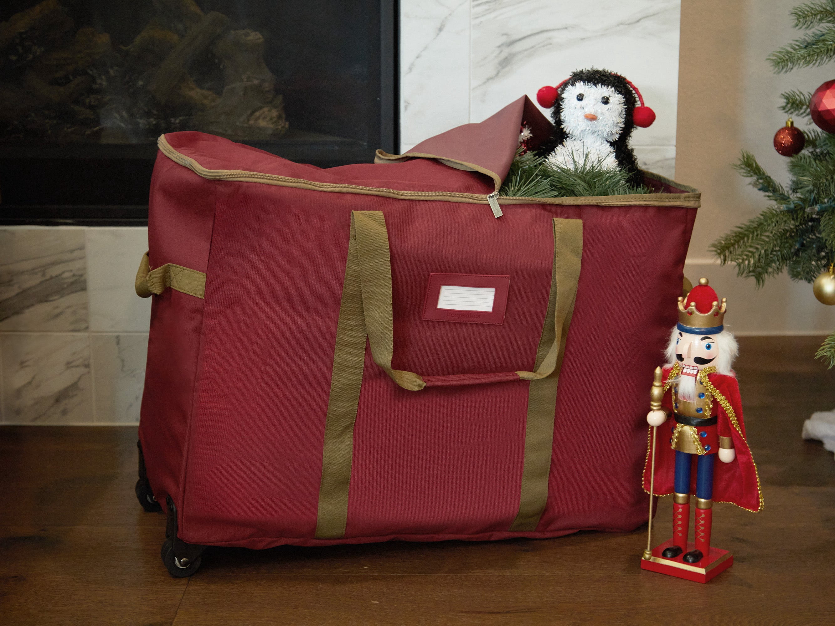 Covermates Keepsakes Rolling Treasurekeeper Storage Bag - Carrying Handles, ID Window, Dual Wheels - Holiday Storage, Red