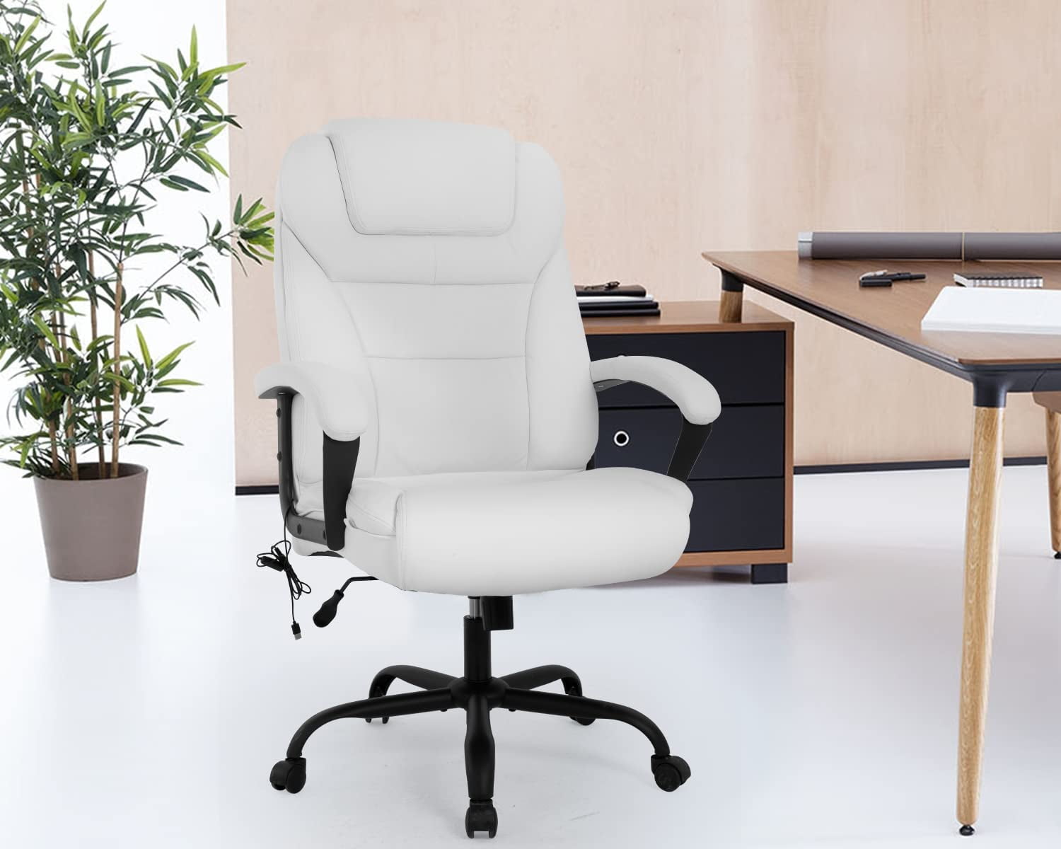 Big and Tall Executive Chair 500lb Capacity PU Leather Boss Office Desk Chair Heavy Duty High Back Computer Chair Thick Sponge Office Chair with 360°Quiet Swivel Wheels, White