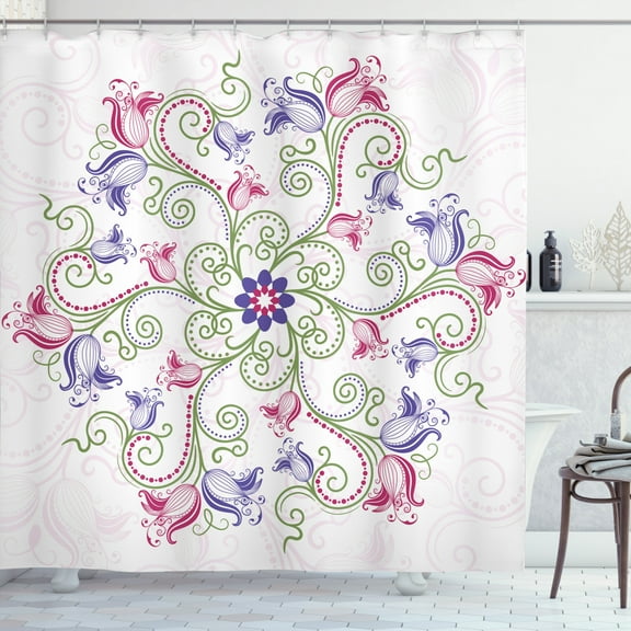 Ambesonne Purple Mandala Shower Curtain, Classical Tulip, 69"Wx84"L, Fern Green Magenta White