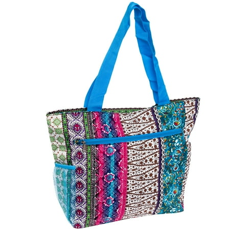 Holiday Patchwork Tote - Silverhooks Womens Boho Patchwork Beach Tote Bag w/ Turquoise Trim (Multi Color)