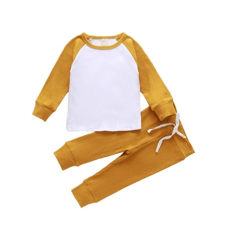 

Mioliknya Toddler Baby Boy Girl Spring Fall Winter Clothes Long Sleeve T-Shirt Tops+Long Pants Two Piece Solid Outfit