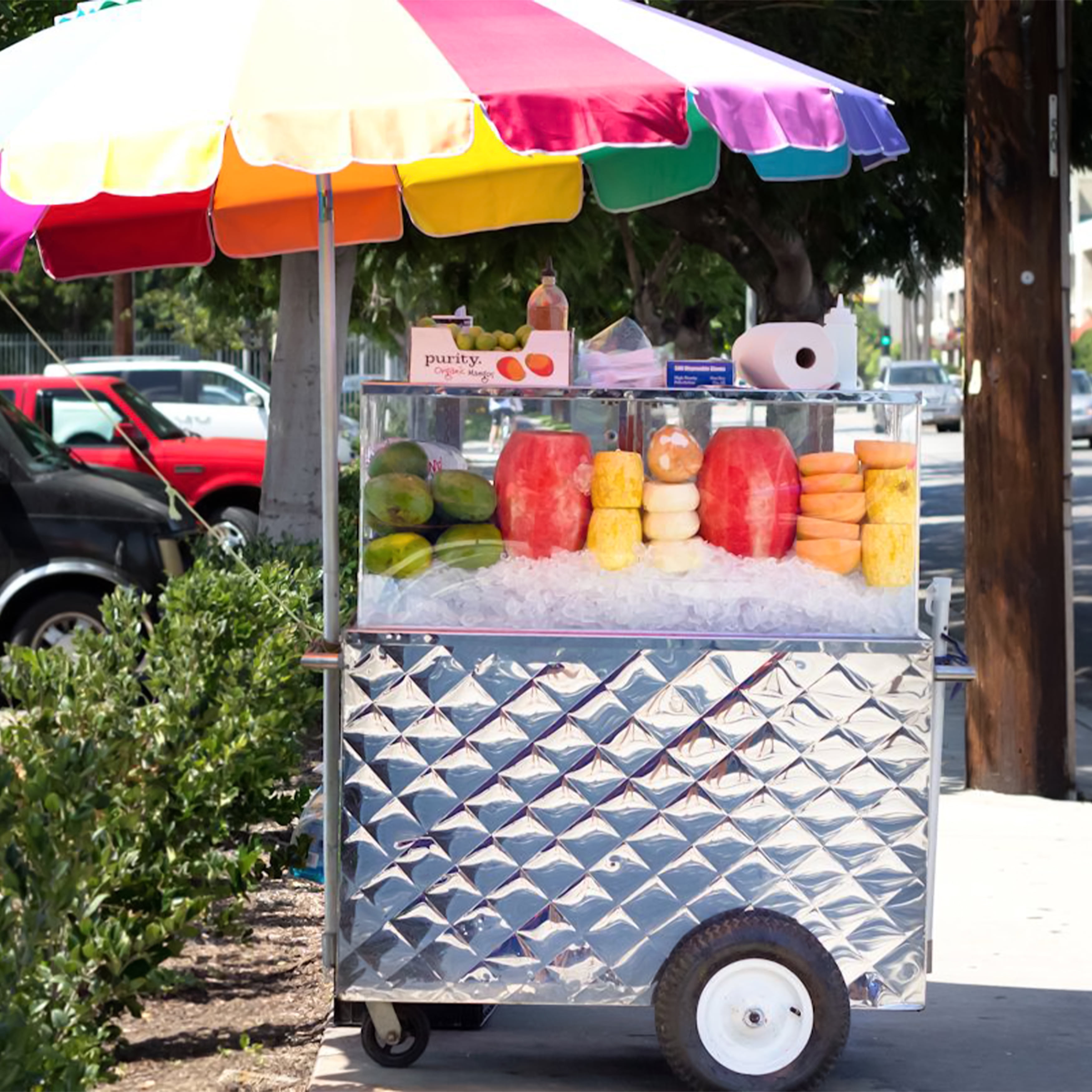 44" Commercial Street Vendor Fruit Cart Carro De Fruta Concession Stand with Ice Bin Storage Stainless Steel Display