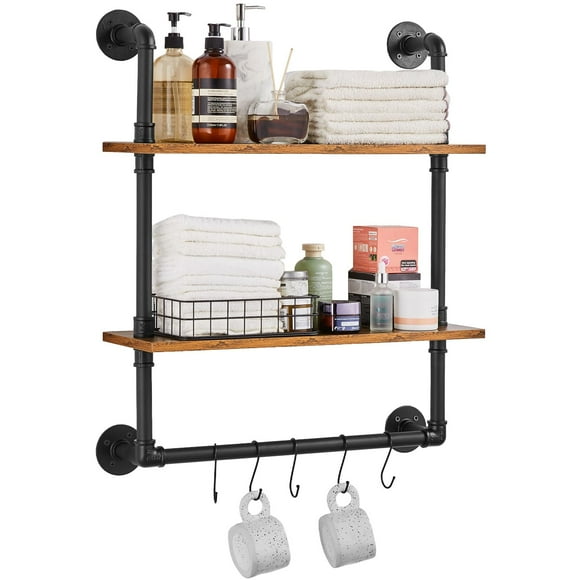 VEVOR Industrial Pipe Shelf, 2 Tier 24x7.87in, Wall-Mount Floating Rustic Wood Shelves Bracket Display Bookshelf, Storage Rack Sundries Holder for Kitchen Bedroom Bathroom Living Room,