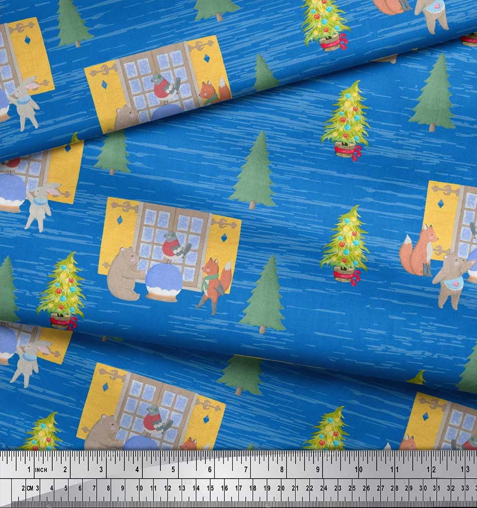 Soimoi Blue polyester Crepe Fabric House,Animals & Tree Christmas Print Fabric by the Yard 42 Inch Wide