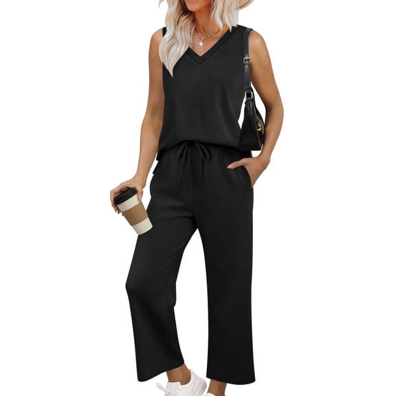 Vivianyo HD Women's 2-Piece Casual Outfit, Sleeveless V-Neck Top and Cropped Wide Leg Pants Loungewear Set, Women's Black, Sizes S-2XL