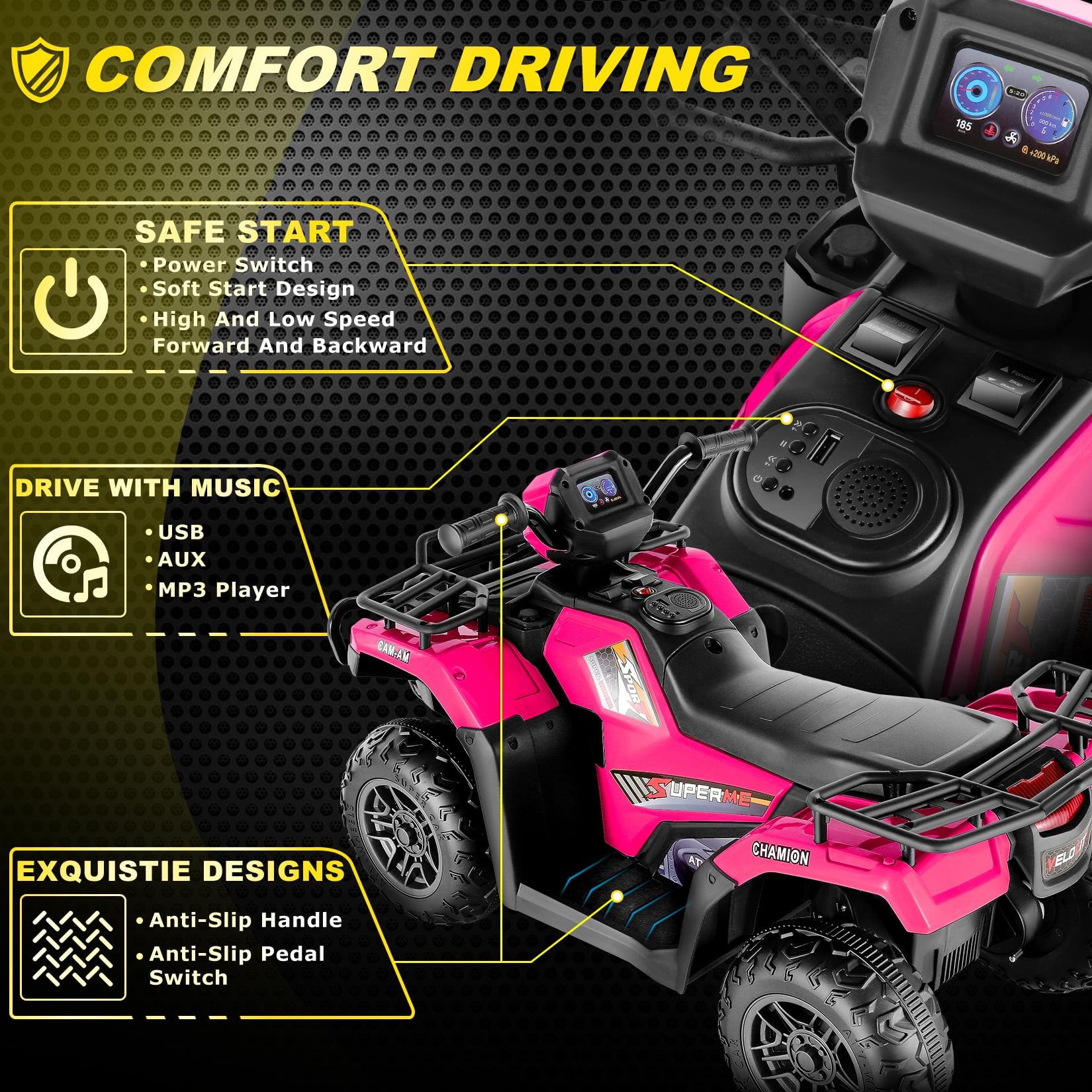 Funcid 12V Kids Ride on ATV 4-Wheeler Quad Battery Powered Electric Car with High/Low Speed, 2X30W Motor, Treaded Tires, Soft Braking, LED Light, Music, Rose Red
