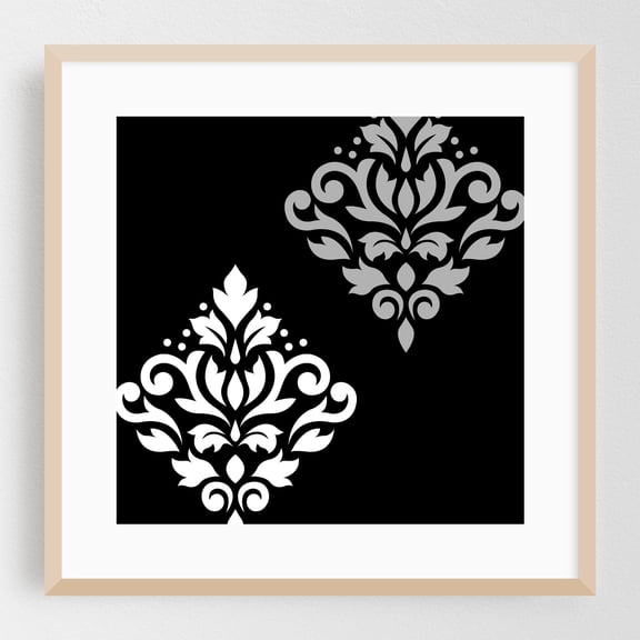 Scroll Damask Art White Grey Black - Digital Art Pattern Floral Black and White Geometric Art Deco Vintage Minimalist Oak Framed Wall Art Print 8 x 8 inches