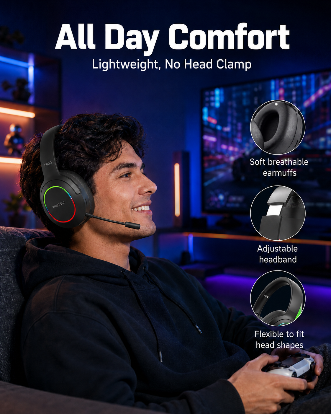 ETEPEHI L800 Wireless Gaming Headset, 100-Hour Battery photo 6