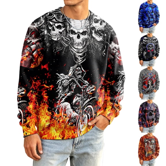 Broave Men's Halloween Skull Graphic Crewneck Sweatshirt, All Over Print Long Sleeve Casual Pullover Top, Gothic Skeleton Crew Neck Sweatshirt for Daily Wear & Halloween Party Outfit