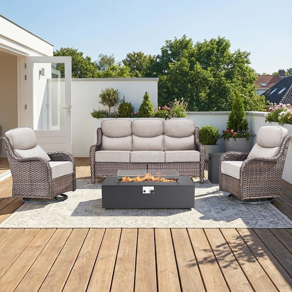 Patiobula Patio High-Back Furniture Set with Fire Pit Table, Outdoor Luxury Oversized Sectional Swivel Rocker Chairs Sets, Wicker Conversation Set for Porch, Balcony, Deck, Brown/Beige