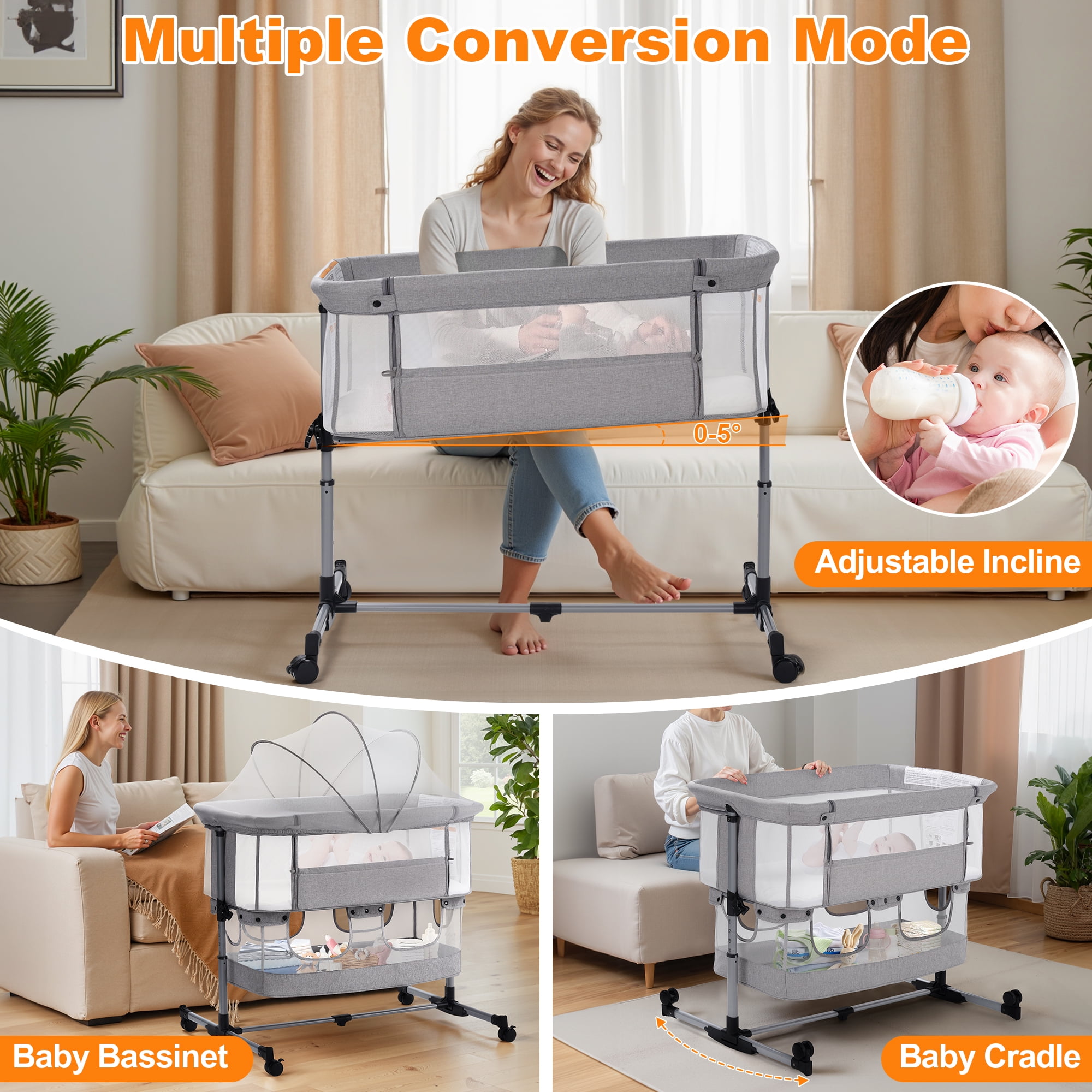 Vomeast Baby Bassinet Bedside Sleeper with Wheels, Adjustable Height, Storage Basket, Mosquito Net for Newborns Infants, Light Gray