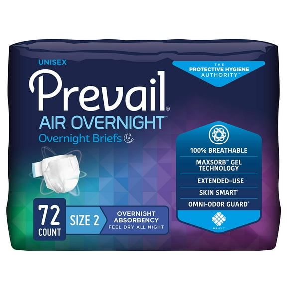 Prevail Air Overnight Incontinence Adult Briefs with Refastenable Tabs, Size 2, Large, 72 Count