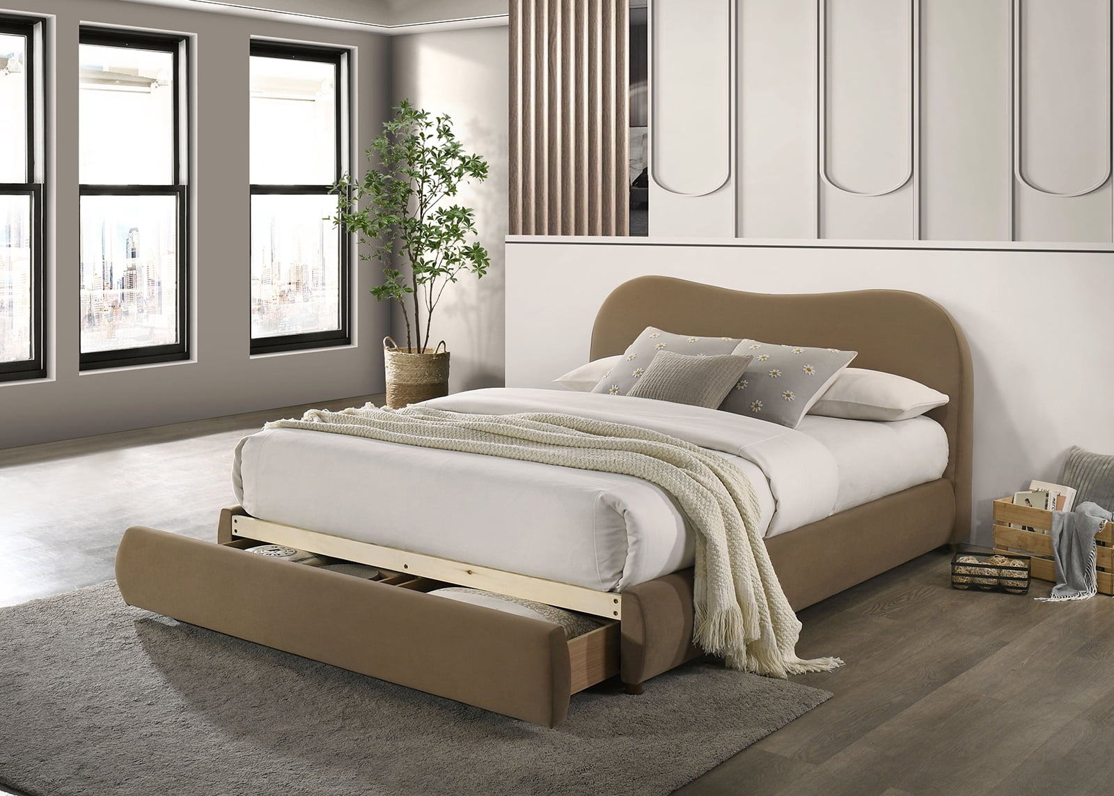 Bed Frame Beautiful 1pc Queen Size Bed Curved Design Velvet Brown Color Upholstered Headboard Storage FB Bedroom Furniture Bedframe