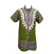 Mogul Women's African Tunic Top Cotton Dashiki Print Green Unisex Blouse M