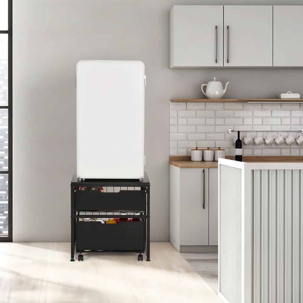 LUCKUP Mini Fridge Stand with Storage Drawer, Small Refrigerator Cart with Wheels, Heavy Duty Microwave Stand, 21.7" L x 21.7" W Mini Fridge Cabinet for Dorm, Home, Office, Hold 300 LBS, Black