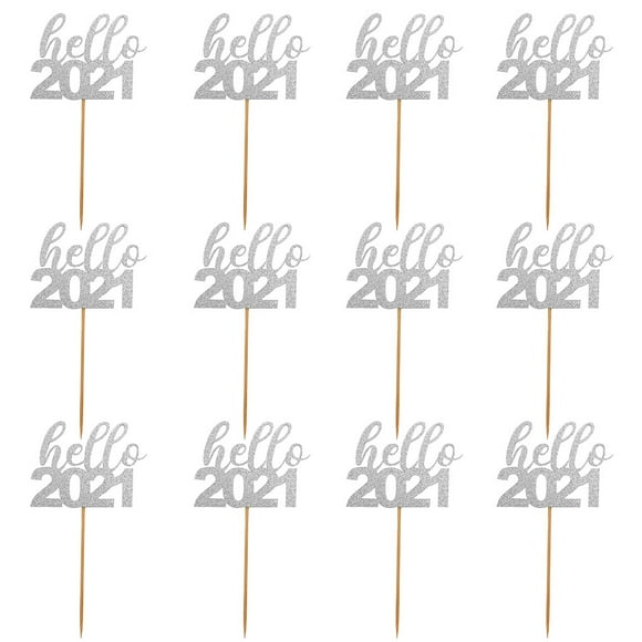 fashionhome 12Pcs Hello 2021 Cake Topper Birthday Hello 2021 Cake Topper Cake Dessert DIY Party Decoration for Kids Women Men, Silver