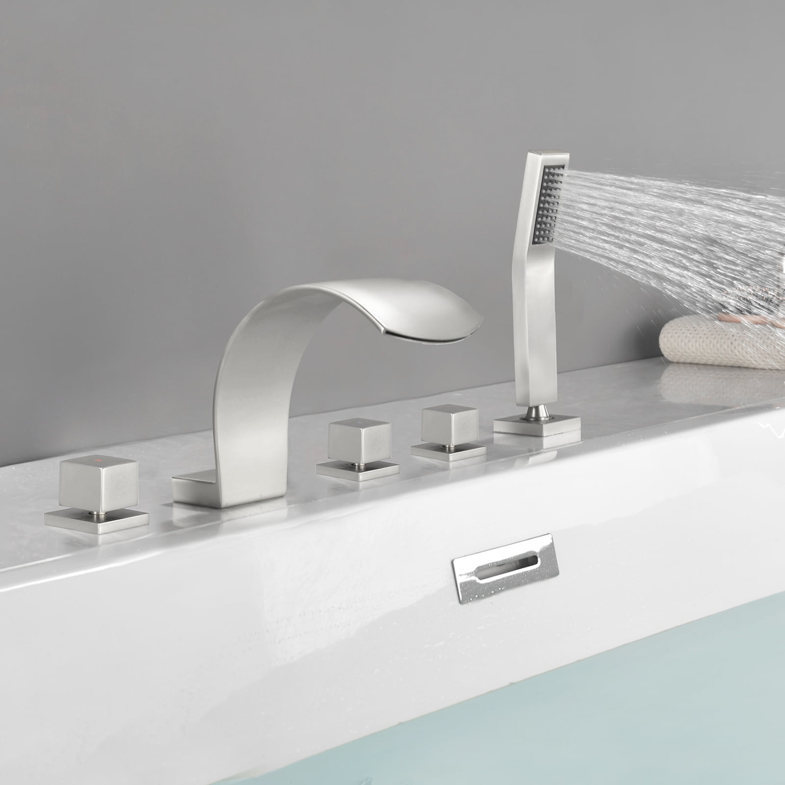 Cobbe Deck Mount Bathroom Bathtub Faucet with 2 Switches, 1 Diverter Knob, 3.74-Inch Wide Waterfall Spout and Handheld Sprayer rushed Nickel