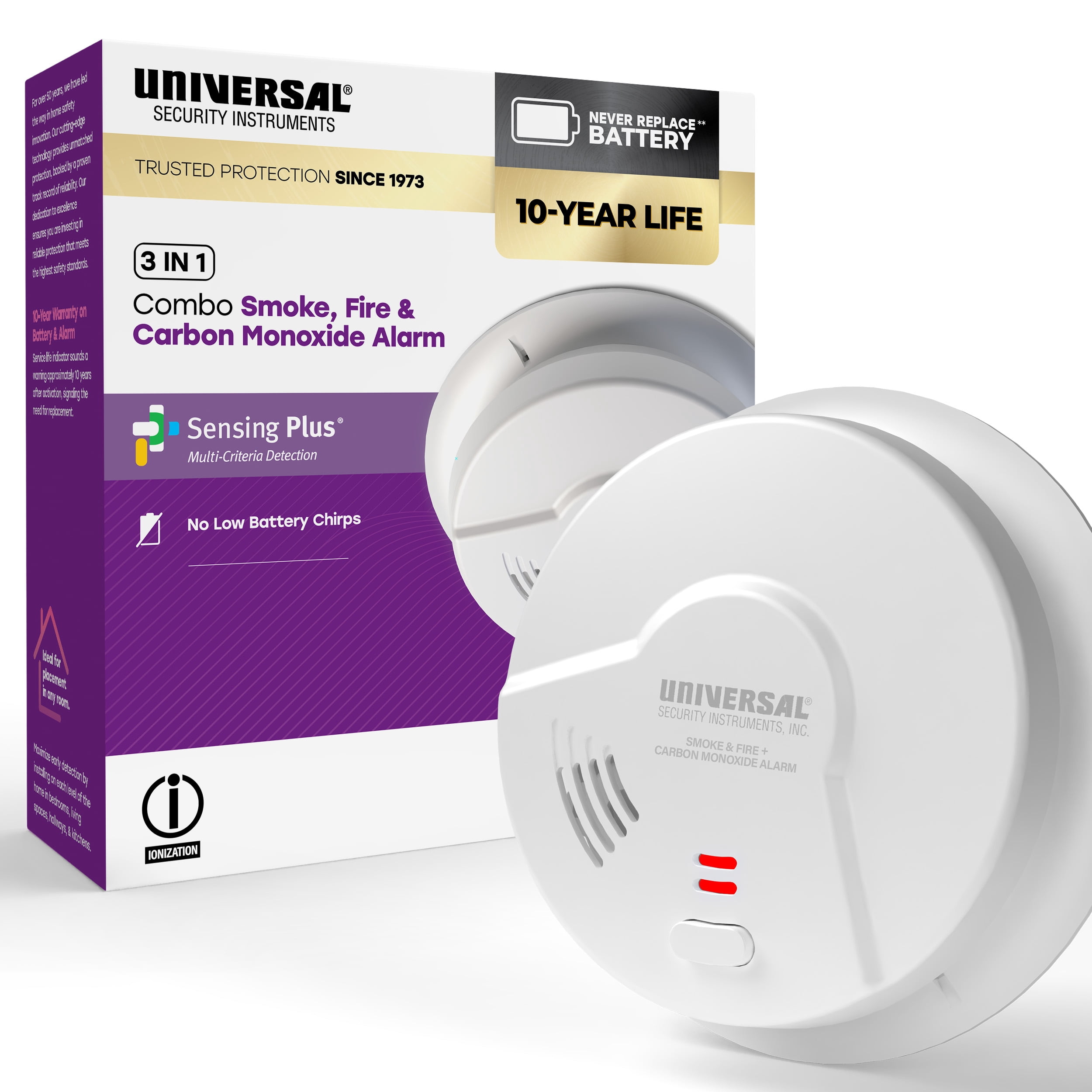 Universal Security Instruments 10-Year Battery Smoke, Fire, Carbon Monxide Alarm