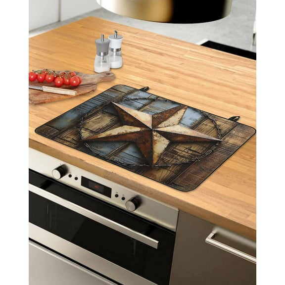 nqOlkjepod Large Induction Cooktop Protector Mat 31"x24", Rustic Star Brown Stove Top Covers for Electric Stove, Vintage Farmhouse Wooden Grain Art Stove Burner Cover Mats, Glass Top Stove Cover