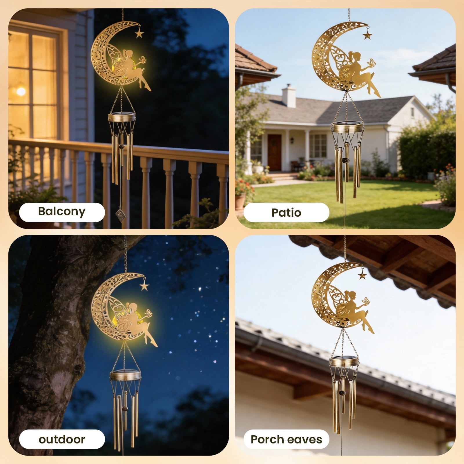 Solar Lights Wind Chimes, LED Moon Flower Fairy Light for Outdoor Garden Patio Decor & Gifts for Women
