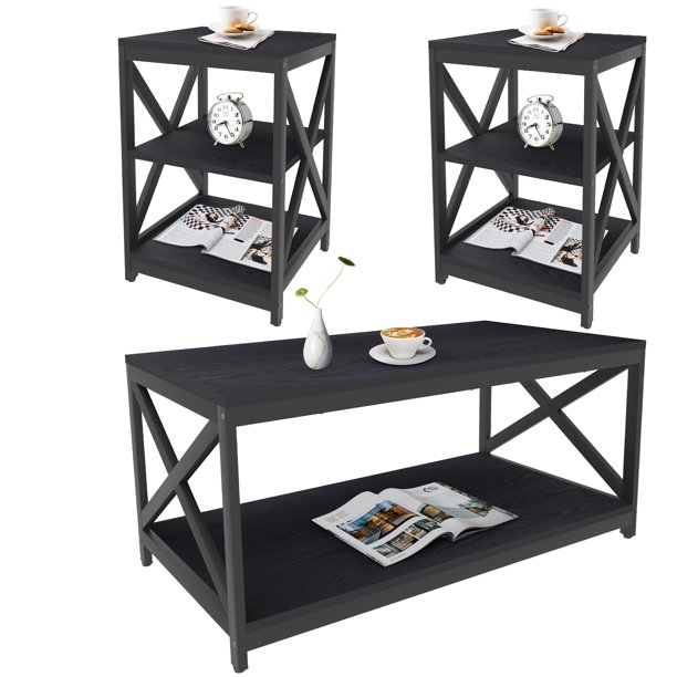 Industrial Coffee Table Set of 3, X-Design Living Room Table Set with 2